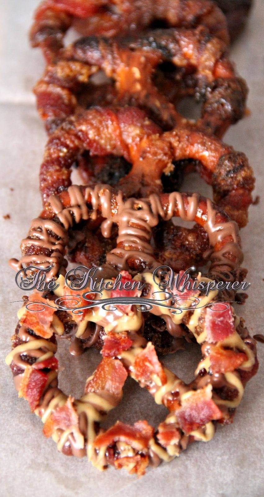 Sweet ‘n Heat Bacon Wrapped Peanut Butter Chocolate Pretzels with Bacon Crunchies