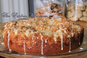 Boozy Peachy Pear Streusel Coffee Cake