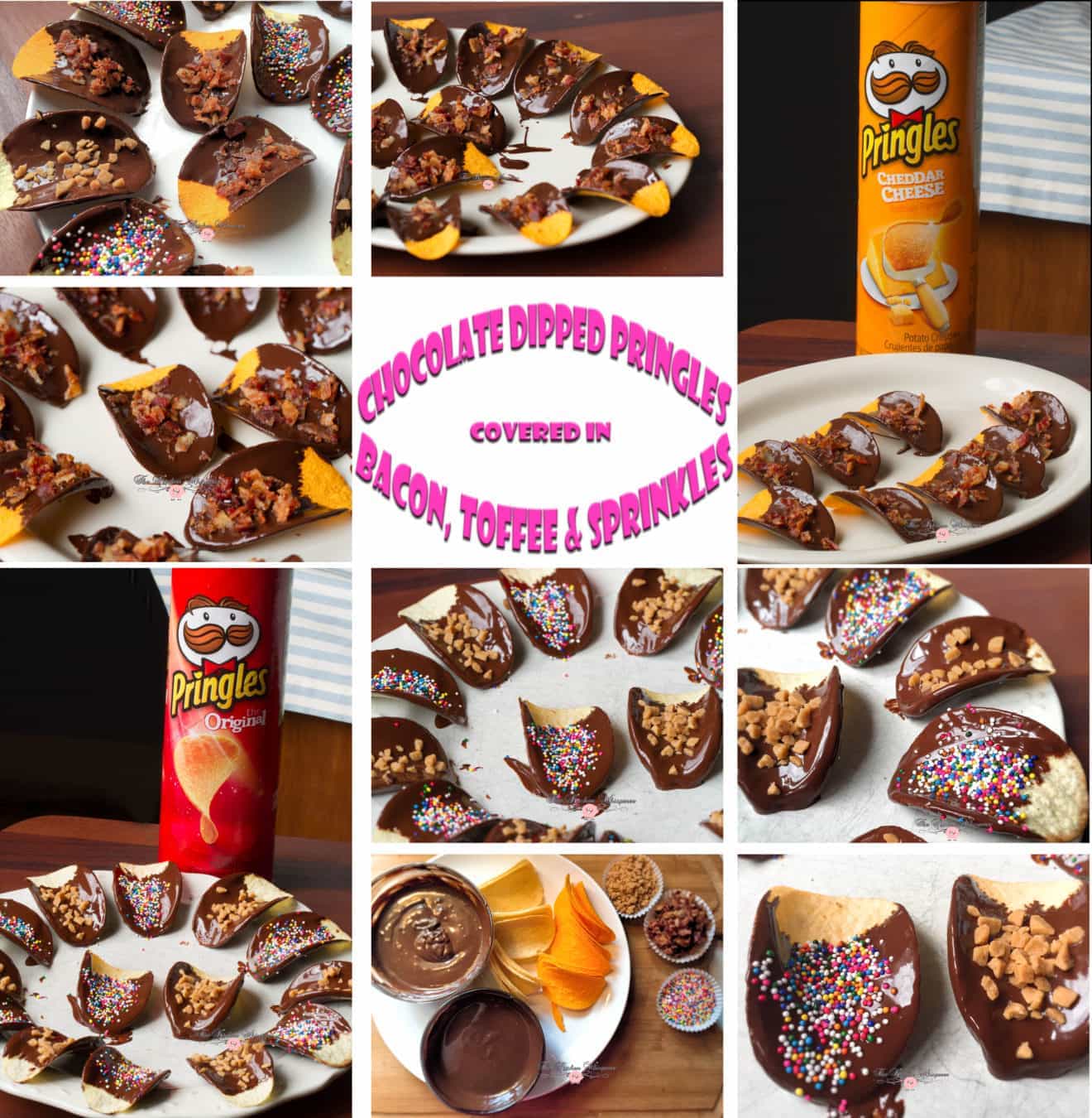 Chocolate Dipped Pringles coated with Crispy Bacon, Toffee and