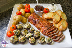 Sheet Pan Savory Brown Sugar Pork Tenderloin with Hasselback Potatoes and Stuffed Mushrooms