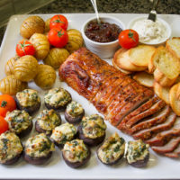 Sheet Pan Savory Brown Sugar Pork Tenderloin with Hasselback Potatoes and Stuffed Mushrooms