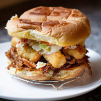 Pulled POrk, Pittsburgh Slaw and Crispy Tots Sandwich