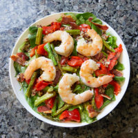 Roasted Shrimp Spinach Salad with Warm Bacon Honey Dijon Vinaigrette!