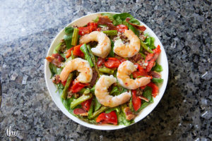 Roasted Shrimp Spinach Salad with Warm Bacon Honey Dijon Vinaigrette