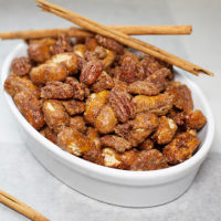 Sweet and flavored with cinnamon and sugar, these candied pecans & pretzel bites are an addicting snack that’s perfect for a crowd.