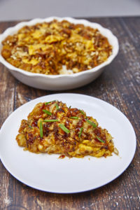 Cheesy Tater Tot Pulled Pork Casserole with Herb Pretzel Crumble