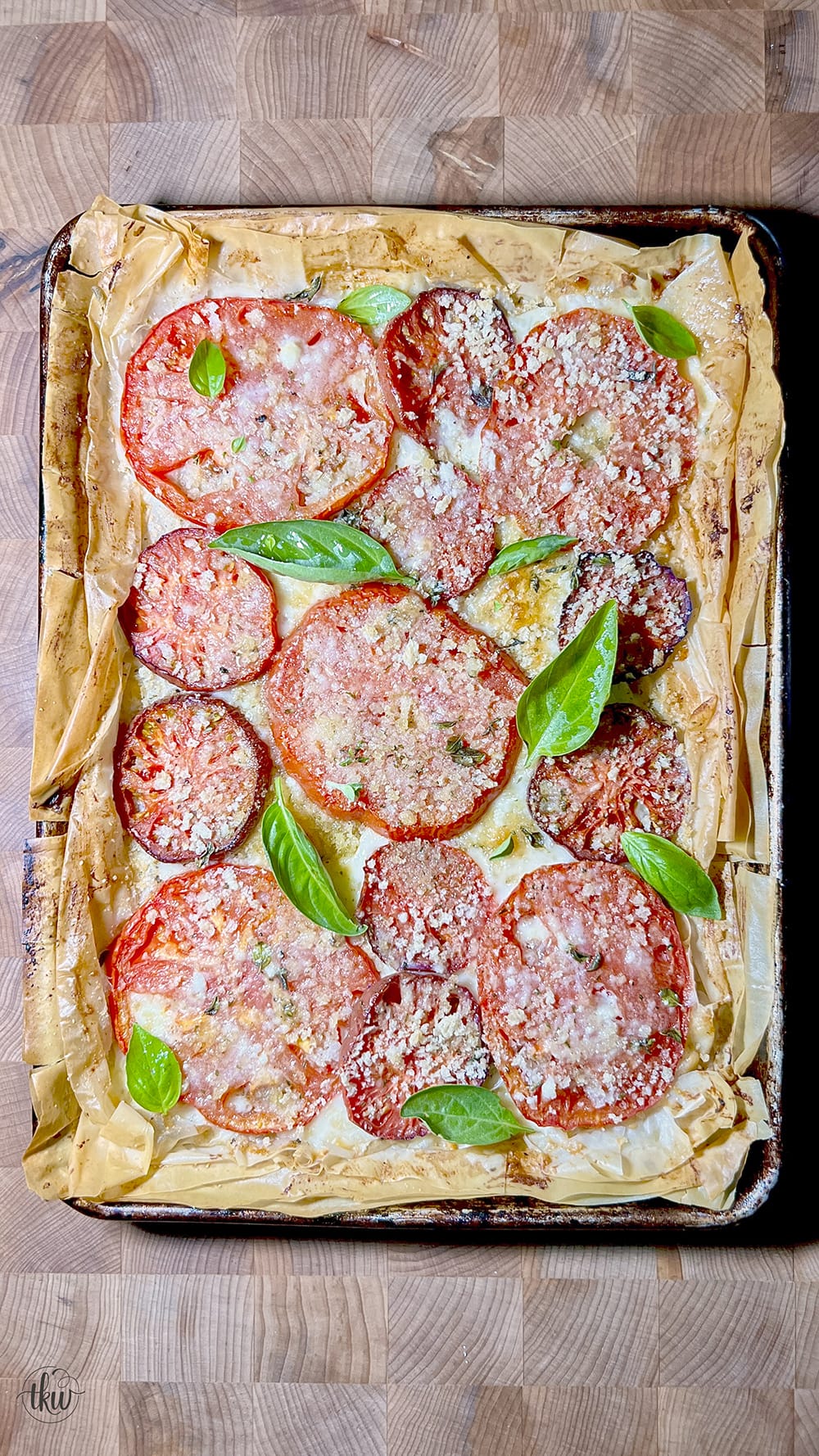 Cheesy Heirloom Tomato Garlic Butter Tart