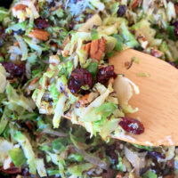 Our favorite holiday and summer salad! Shaved Brussels sprouts & shallots grilled in bacon drippings mixed with toasted pecans, and cranberries then drizzled with a maple dijon vinaigrette. Ultimate Grilled Brussels Sprouts Salad With Bacon Pecans and Cranberries, big green egg salad, maple dijon vinaigrette, grilled salad, warm salad, thanskgiving side dish, christmas side dish, summer salad, bacon and brussels sprouts salad