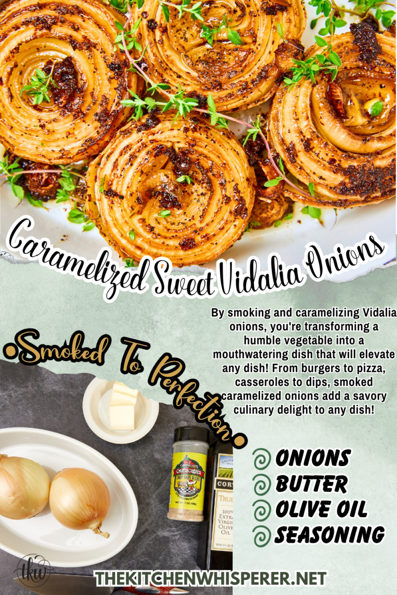 By smoking and caramelizing Vidalia onions, you're transforming a humble vegetable into a mouthwatering dish that will elevate any dish! From burgers to pizza, casseroles to dips, smoked caramelized onions add a savory culinary delight to any dish! Caramelized Sweet Vidalia Onions On The Smoker, smoked onions, smoked caramelized onions, yoder smoker smoked onions, onion dip, onion jam, burger toppings