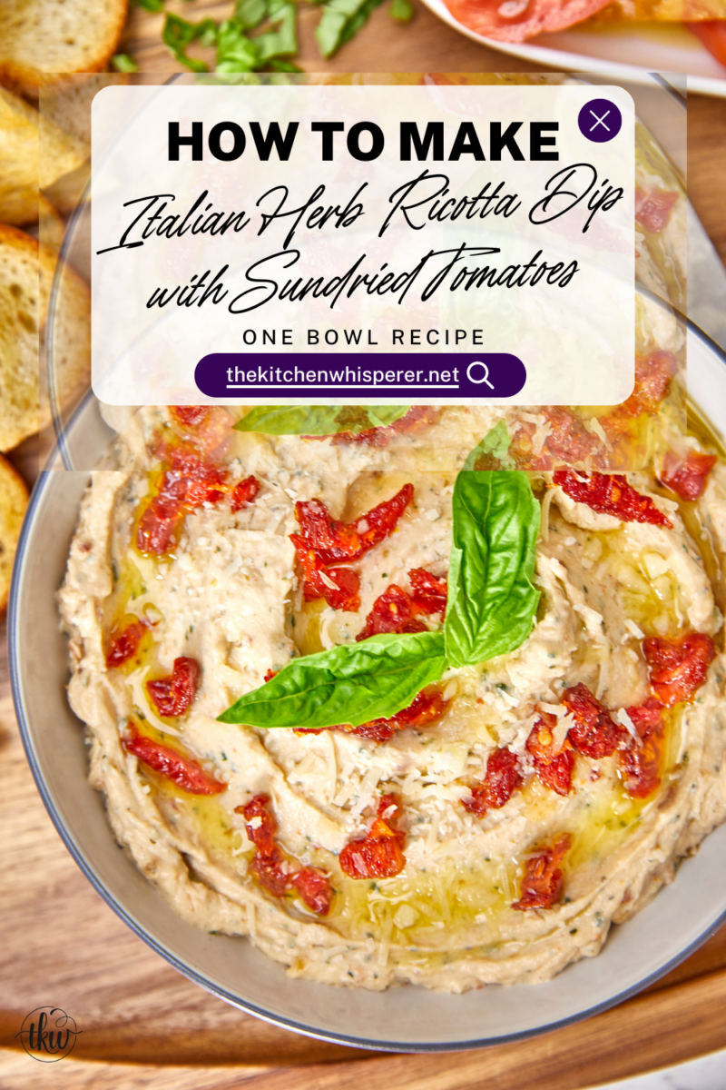 Made with rich ricotta cheese, fragrant Italian herbs, and flavorful sundried tomatoes, this dip is a symphony of flavors in every bite. Easy One Bowl Italian Herb Ricotta Dip with Sundried Tomatoes, one bowl dip, easy dip recipes, whipped ricotta, crostini toppers, bagel toppers, condiments, italian crostini, one bowl recipe