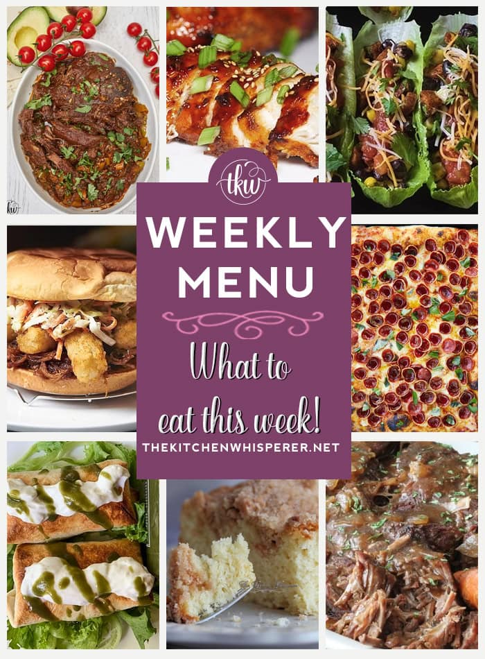 These Weekly Menu recipes allow you to get out of that same ol’ recipe rut and try some delicious and easy dishes! This week, I highly recommend making my Streusel Crumb Sour Cream Coffee Cake, Slow Cooker Pulled Banana Pepper Roast Beef, and Grandma-Style Pan Pizza with Pepperoni Cups. Weekly Menu – 7 Amazing Dinners Plus Dessert, pan pizza, lettuce cups, coffee cake, pulled beef, pepperoni pizza, birthday dinner