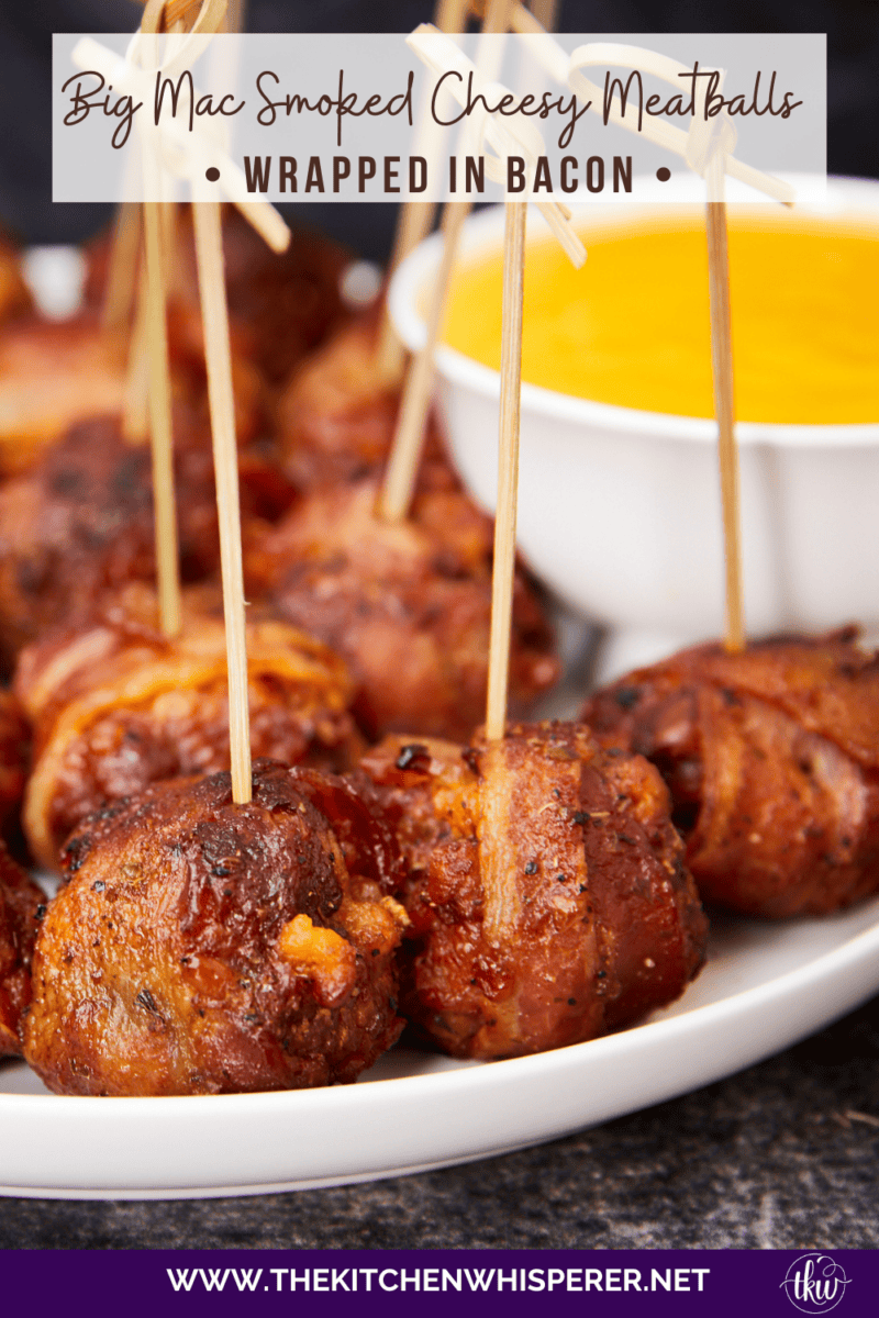 Tender, juicy meatballs oozing with cheesy goodness wrapped in seasoned bacon. It's time to fire up the smoker to make one of the best appetizers you'll ever eat! Bacon Wrapped Cheesy Big Mac Meatballs On The Smoker, cheesy meatballs, smoked meatballs, meatballs on the smoker, game day appetizers, meatballs stuffed with cheese