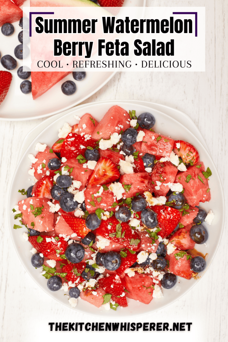 Say HELLO TO SUMMER YUM with this Watermelon Berry Feta Salad! Watermelon, strawberries, and blueberries mixed into a refreshing & delicious salad topped with fresh mint, feta cheese, and a honey-lime glaze. Kick it up a notch with a balsamic drizzle too! Watermelon Berry Feta Salad, watermelon blueberry fetal salad, best summer salad, beat the heat fruit salad, balsamic watermelon, watermelon and mint salad, healthy summer salad