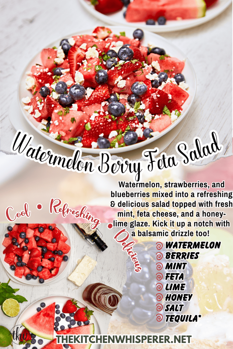 Say HELLO TO SUMMER YUM with this Watermelon Berry Feta Salad! Watermelon, strawberries, and blueberries mixed into a refreshing & delicious salad topped with fresh mint, feta cheese, and a honey-lime glaze. Kick it up a notch with a balsamic drizzle too! Watermelon Berry Feta Salad, watermelon blueberry fetal salad, best summer salad, beat the heat fruit salad, balsamic watermelon, watermelon and mint salad, healthy summer salad