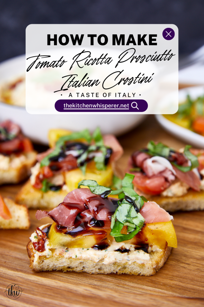 Truly a taste of Italy! Combining the richness of sundried tomatoes with the creamy goodness of whipped Italian herb ricotta, juicy heirloom tomatoes, prosciutto, basil ribbons, and a drizzle of balsamic glaze all atop crispy crostini to make the perfect Italian bite! Ultimate Heirloom Tomato Ricotta Prosciutto Italian Crostini, whipped Italian ricotta, easy summer appetizers, prosciutto crostini, no bake recipes, garden appetizers