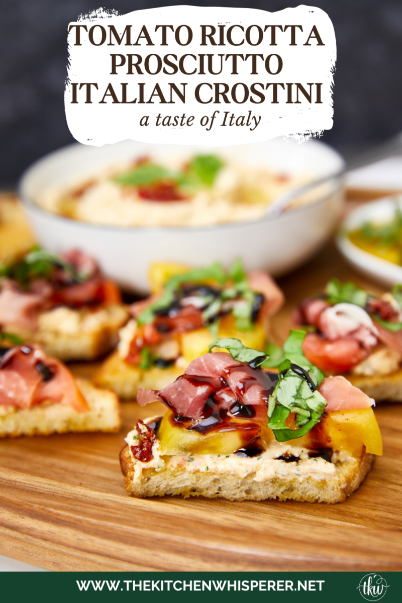 Truly a taste of Italy! Combining the richness of sundried tomatoes with the creamy goodness of whipped Italian herb ricotta, juicy heirloom tomatoes, prosciutto, basil ribbons, and a drizzle of balsamic glaze all atop crispy crostini to make the perfect Italian bite! Ultimate Heirloom Tomato Ricotta Prosciutto Italian Crostini, whipped Italian ricotta, easy summer appetizers, prosciutto crostini, no bake recipes, garden appetizers