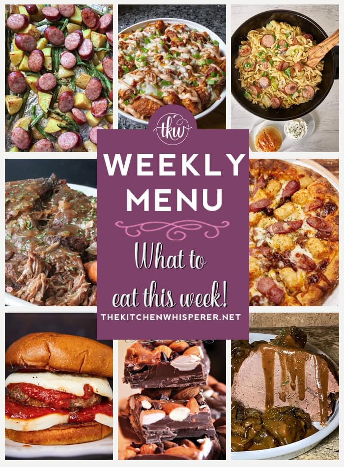 These Weekly Menu recipes allow you to get out of that same ol’ recipe rut and try some delicious and easy dishes! This week, I highly recommend making my Fried Cabbage and Noodles in Butter, BBQ Bacon Cheesy Chicken Tater Tot Casserole, and Toasted Almond Chocolate Caramel Bark with Sea Salt. Weekly Menu – 7 Amazing Dinners Plus Dessert, sheet pan meals, crock pot recipes, hot weather recipes, casserole dishes, chocolate bark, haluski