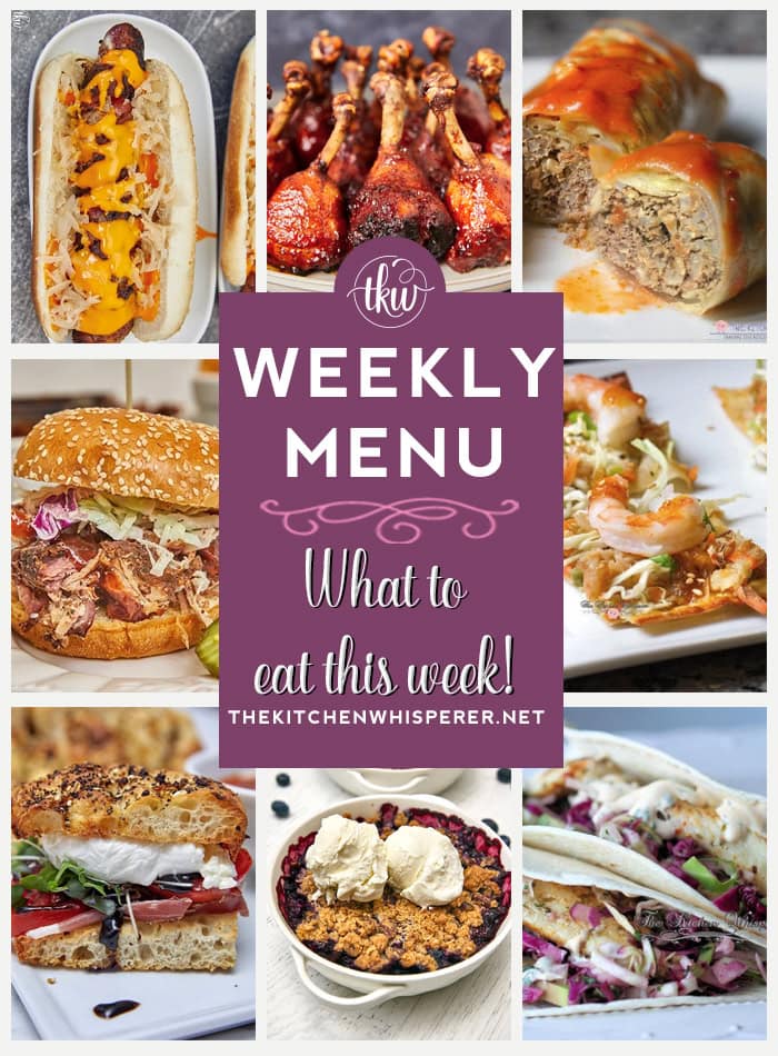 These Weekly Menu recipes allow you to get out of that same ol’ recipe rut and try some delicious and easy dishes! This week, I highly recommend making my Mom’s Classic Stuffed Cabbage Rolls, Amazing Smoked Pulled Pork BBQ Sandwiches, and Prosciutto, Tomato, & Burrata Focaccia Sandwich. Weekly Menu – 7 Amazing Dinners Plus Dessert, 4th of july foods, cookout foods, chicken lollipops, best pulled pork, stuffed cabbages, fish tacos, no knead focaccia