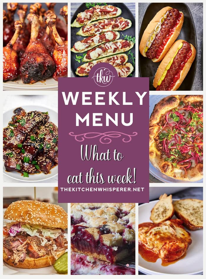 These Weekly Menu recipes allow you to get out of that same ol’ recipe rut and try some delicious and easy dishes! This week, I highly recommend making my Italian Sausage Ricotta Zucchini Boats, Smoked Hotdogs, and One Pan Easy Cheesy Italian Mozzarella Baked Chicken. Weekly Menu – 7 Amazing Dinners Plus Dessert. cherry pie bars, one pan chicken recipes, pork belly burnt ends, pizza al pastor