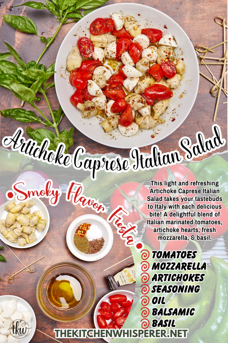 This light and refreshing Artichoke Caprese Italian Salad takes your tastebuds to Italy with each delicious bite! A delightful blend of Italian marinated tomatoes, artichoke hearts, fresh mozzarella, & basil. Simple Caprese Italian Salad with Artichokes, Italian salad, artichoke hearts, no lettuce salad, fresh mozzarella salad