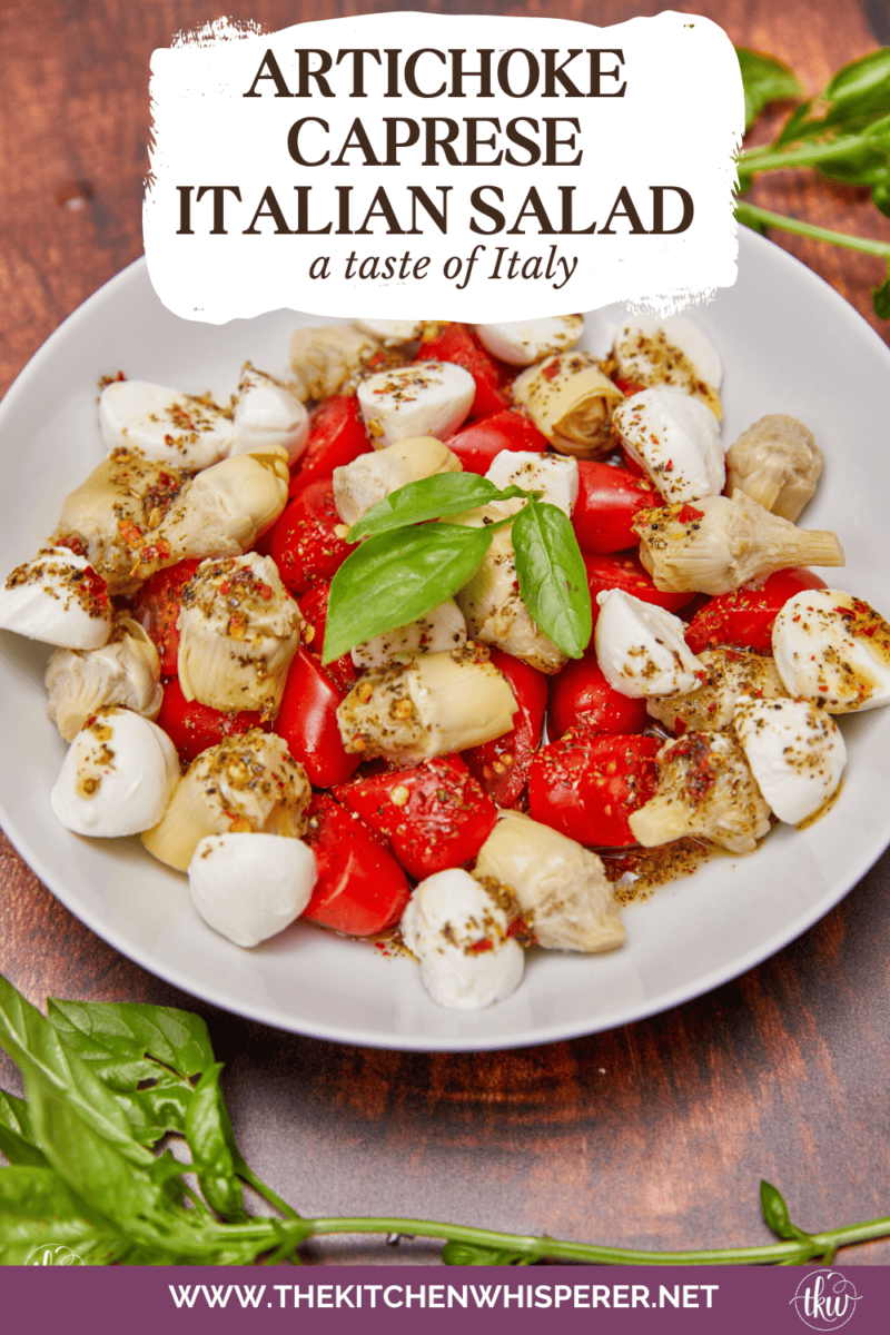 This light and refreshing Artichoke Caprese Italian Salad takes your tastebuds to Italy with each delicious bite! A delightful blend of Italian marinated tomatoes, artichoke hearts, fresh mozzarella, & basil. Simple Caprese Italian Salad with Artichokes, Italian salad, artichoke hearts, no lettuce salad, fresh mozzarella salad