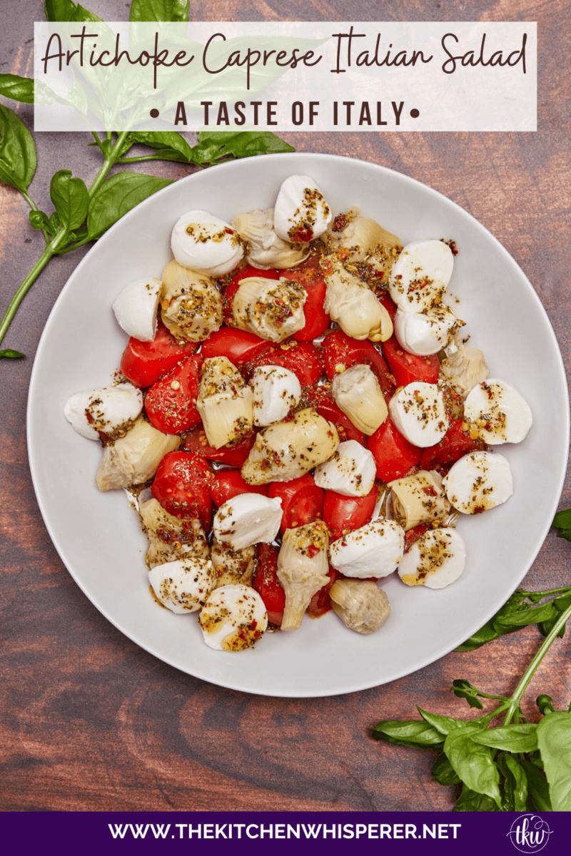 This light and refreshing Artichoke Caprese Italian Salad takes your tastebuds to Italy with each delicious bite! A delightful blend of Italian marinated tomatoes, artichoke hearts, fresh mozzarella, & basil. Simple Caprese Italian Salad with Artichokes, Italian salad, artichoke hearts, no lettuce salad, fresh mozzarella salad