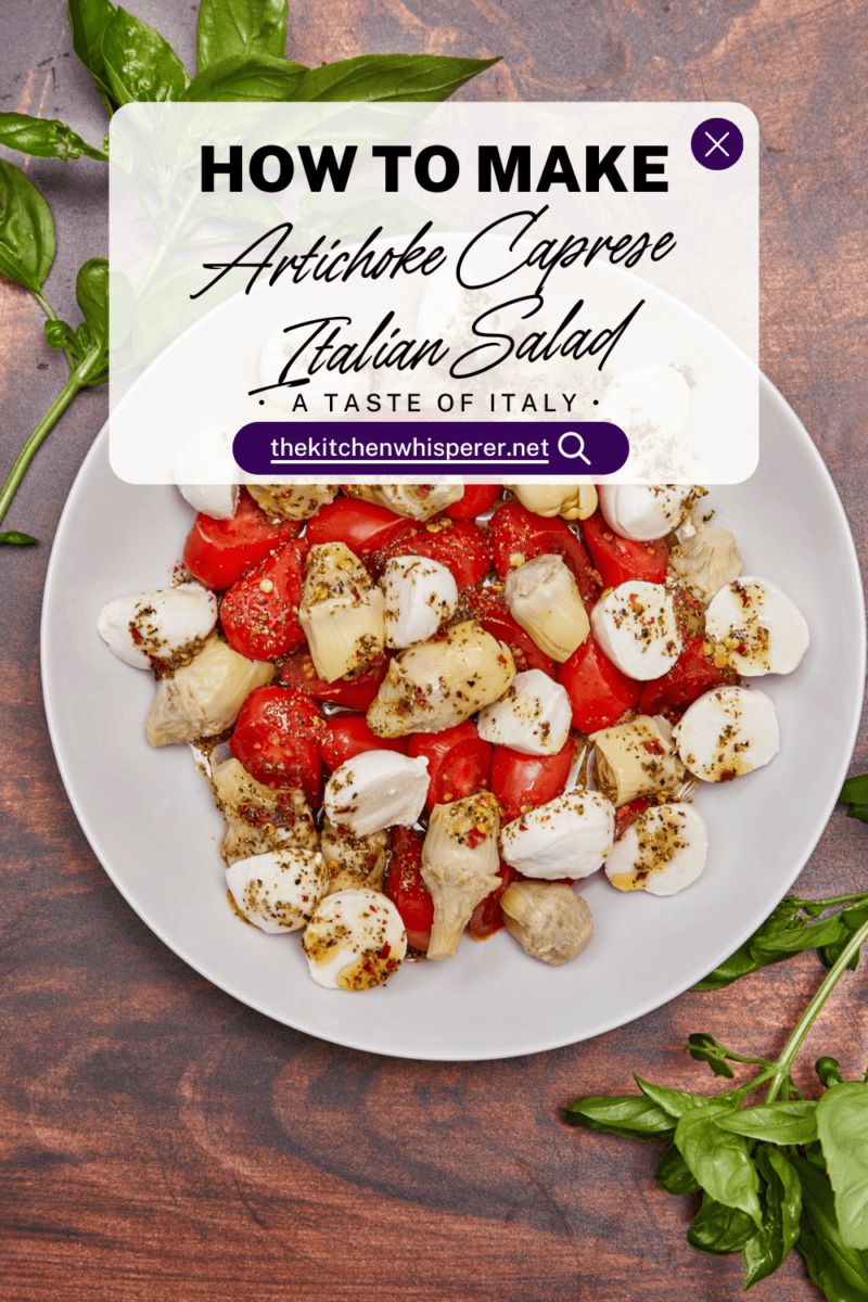 This light and refreshing Artichoke Caprese Italian Salad takes your tastebuds to Italy with each delicious bite! A delightful blend of Italian marinated tomatoes, artichoke hearts, fresh mozzarella, & basil. Simple Caprese Italian Salad with Artichokes, Italian salad, artichoke hearts, no lettuce salad, fresh mozzarella salad