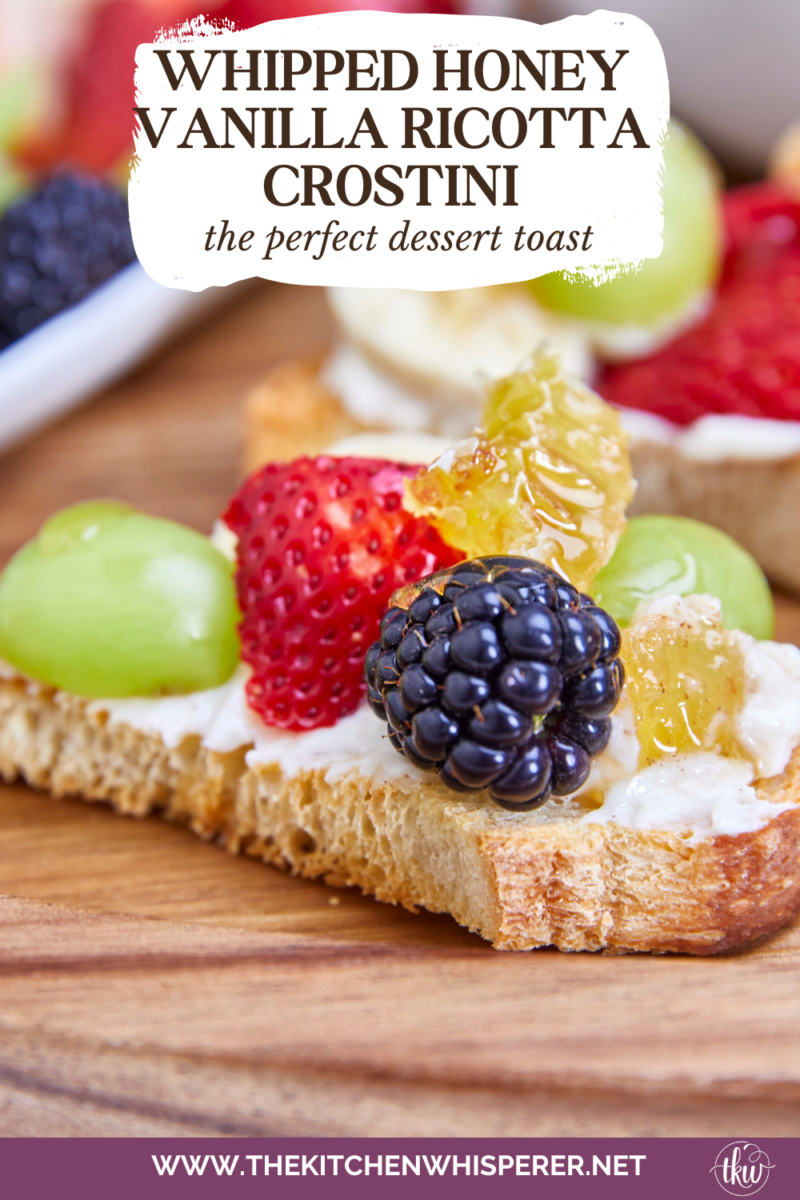 Honeycomb, whipped vanilla honey ricotta, and fresh fruits come together in a heavenly dessert crostini. This simple and sweet delight that will elevate any gathering or simply satisfy your sweet cravings. Simple Sweet Honeycomb Ricotta & Fresh Fruits Dessert Crostini, sweetened ricotta, ricotta spread, dessert ricotta, uses for leftover ricotta, bagel spread, crostini spread, cheesy dip, fruit dip, 3-ingredient ricotta dip