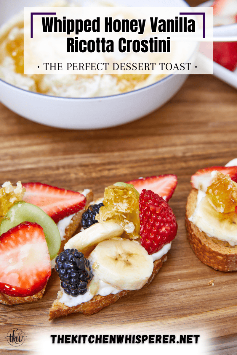 Honeycomb, whipped vanilla honey ricotta, and fresh fruits come together in a heavenly dessert crostini. This simple and sweet delight that will elevate any gathering or simply satisfy your sweet cravings. Simple Sweet Honeycomb Ricotta & Fresh Fruits Dessert Crostini, sweetened ricotta, ricotta spread, dessert ricotta, uses for leftover ricotta, bagel spread, crostini spread, cheesy dip, fruit dip, 3-ingredient ricotta dip