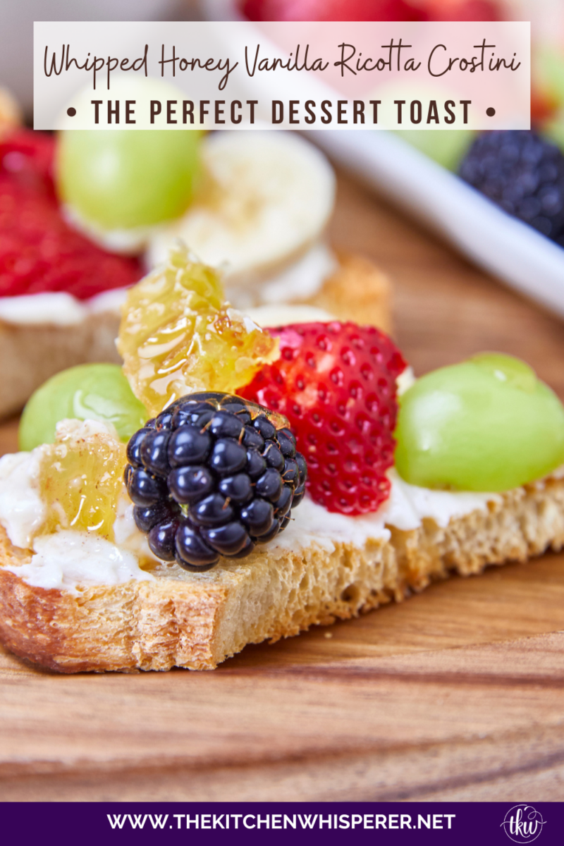 Honeycomb, whipped vanilla honey ricotta, and fresh fruits come together in a heavenly dessert crostini. This simple and sweet delight that will elevate any gathering or simply satisfy your sweet cravings. Simple Sweet Honeycomb Ricotta & Fresh Fruits Dessert Crostini, sweetened ricotta, ricotta spread, dessert ricotta, uses for leftover ricotta, bagel spread, crostini spread, cheesy dip, fruit dip, 3-ingredient ricotta dip