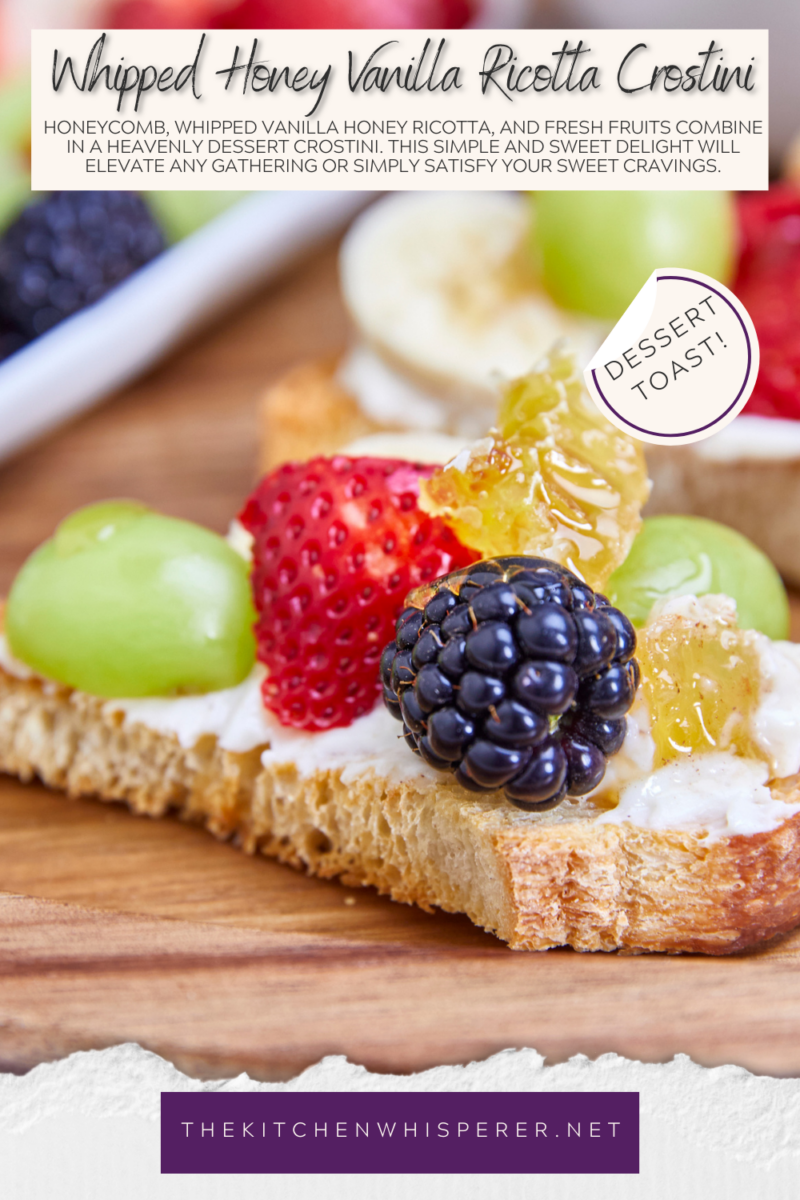 Honeycomb, whipped vanilla honey ricotta, and fresh fruits come together in a heavenly dessert crostini. This simple and sweet delight that will elevate any gathering or simply satisfy your sweet cravings. Simple Sweet Honeycomb Ricotta & Fresh Fruits Dessert Crostini, sweetened ricotta, ricotta spread, dessert ricotta, uses for leftover ricotta, bagel spread, crostini spread, cheesy dip, fruit dip, 3-ingredient ricotta dip