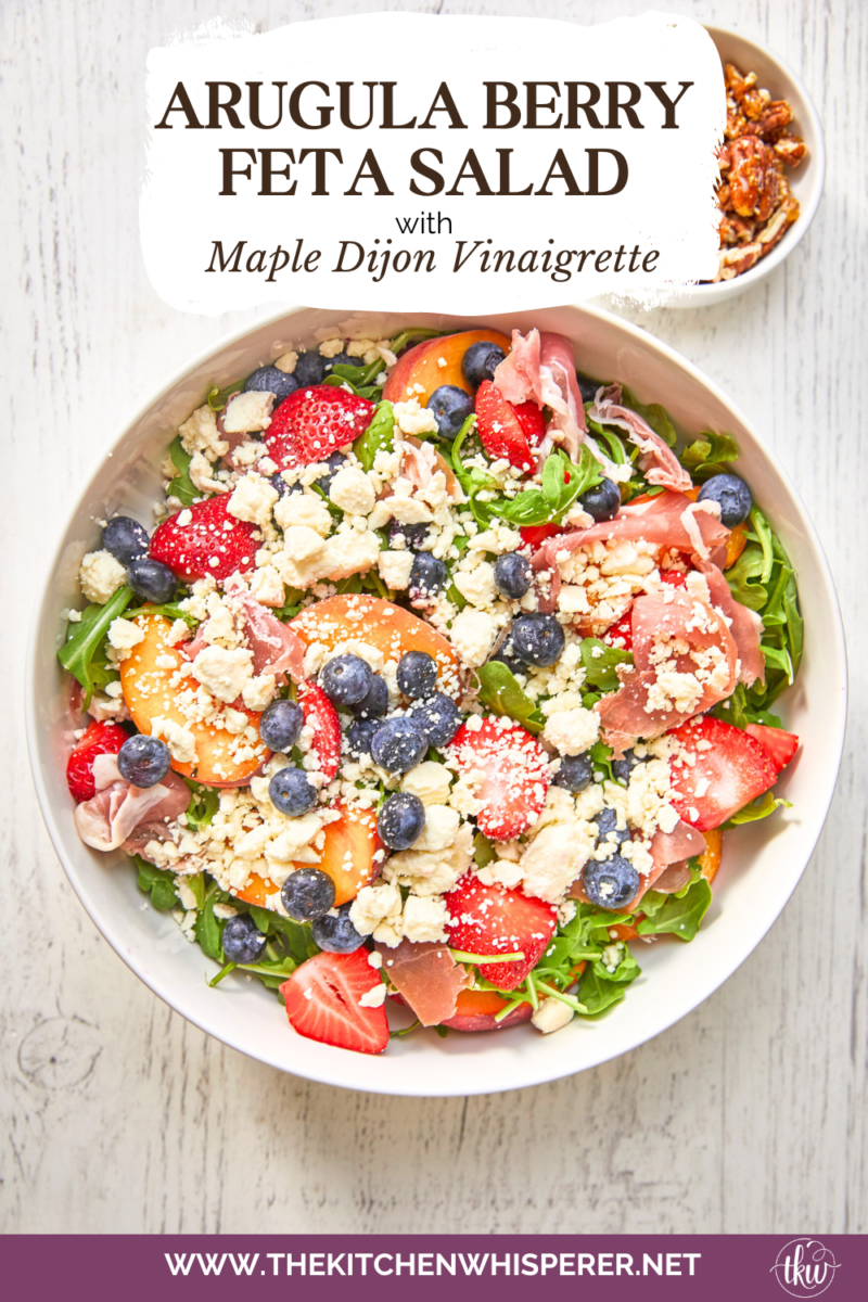 This arugula salad is bursting with freshness from feta, berries, and peaches, drizzled with a maple Dijon vinaigrette, and topped off with crunchy candied nuts. This salad is a delightful blend of savory and sweet that will tantalize your taste buds.