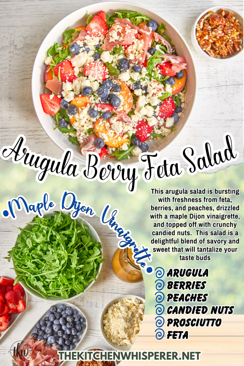 This arugula salad is bursting with freshness from feta, berries, and peaches, drizzled with a maple Dijon vinaigrette, and topped off with crunchy candied nuts. This salad is a delightful blend of savory and sweet that will tantalize your taste buds.