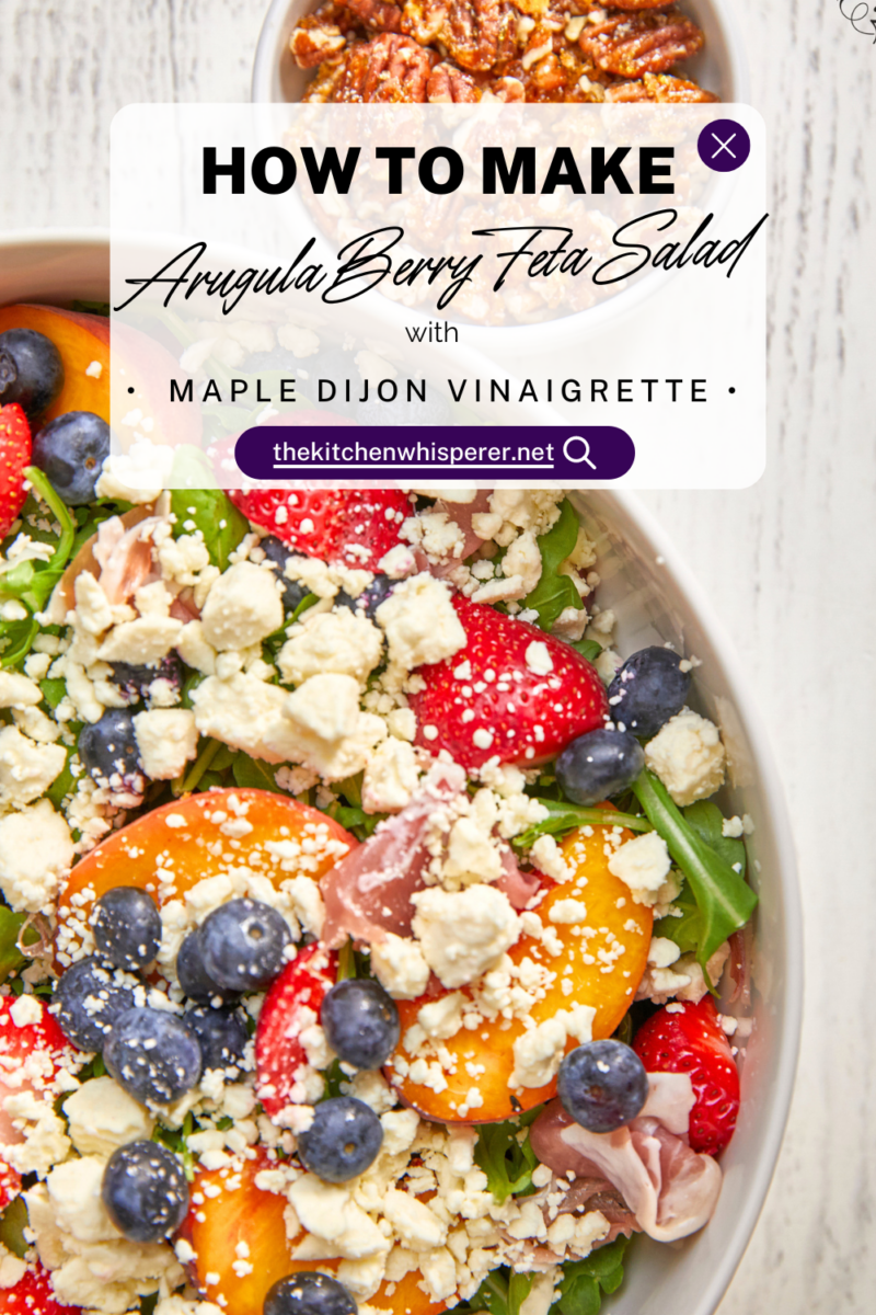 This arugula salad is bursting with freshness from feta, berries, and peaches, drizzled with a maple Dijon vinaigrette, and topped off with crunchy candied nuts. This salad is a delightful blend of savory and sweet that will tantalize your taste buds.