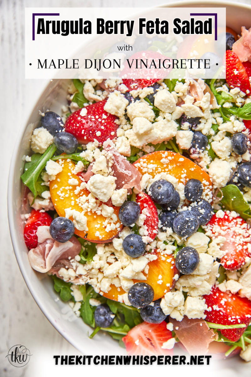 This arugula salad is bursting with freshness from feta, berries, and peaches, drizzled with a maple Dijon vinaigrette, and topped off with crunchy candied nuts. This salad is a delightful blend of savory and sweet that will tantalize your taste buds.