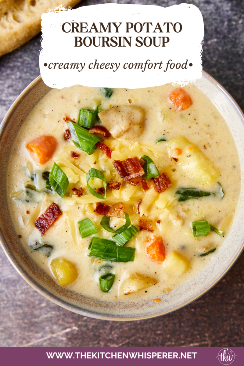 This one-pot creamy Boursin Potato Soup explodes with flavor. Finished with bacon, green onions, & cheese it's truly out of this world! Rich, velvety, and comforting, it’s the perfect dish for any occasion.