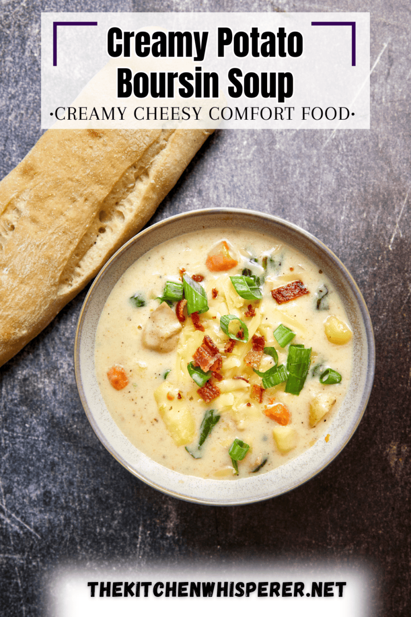 This one-pot creamy Boursin Potato Soup explodes with flavor. Finished with bacon, green onions, & cheese it's truly out of this world! Rich, velvety, and comforting, it’s the perfect dish for any occasion.