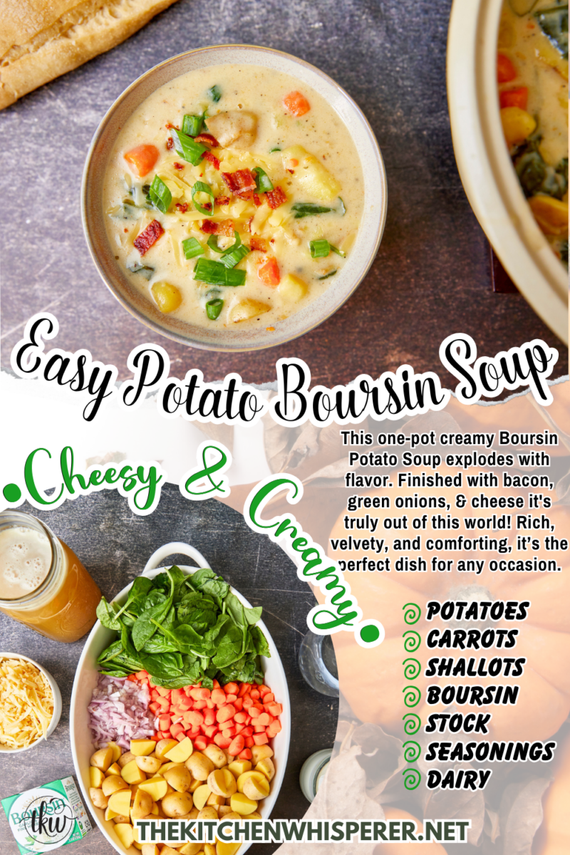 This one-pot creamy Boursin Potato Soup explodes with flavor. Finished with bacon, green onions, & cheese it's truly out of this world! Rich, velvety, and comforting, it’s the perfect dish for any occasion.