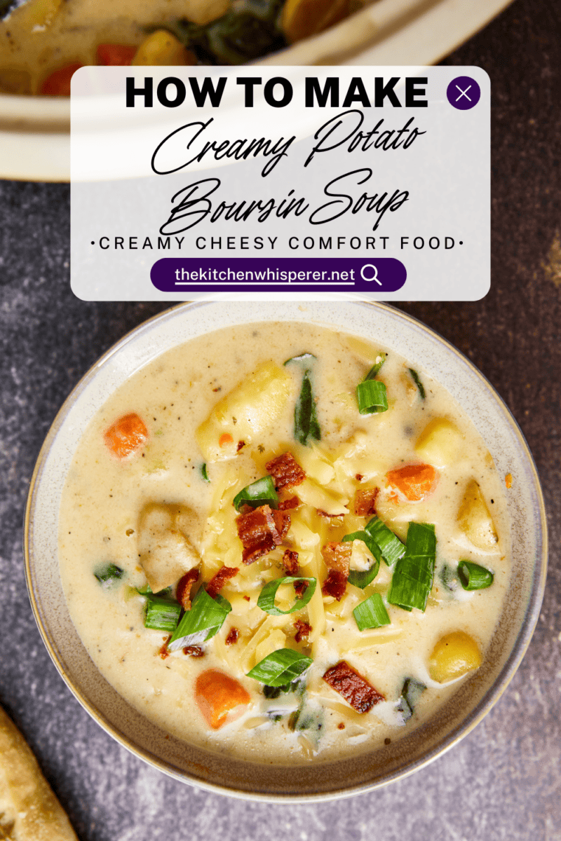 This one-pot creamy Boursin Potato Soup explodes with flavor. Finished with bacon, green onions, & cheese it's truly out of this world! Rich, velvety, and comforting, it’s the perfect dish for any occasion.