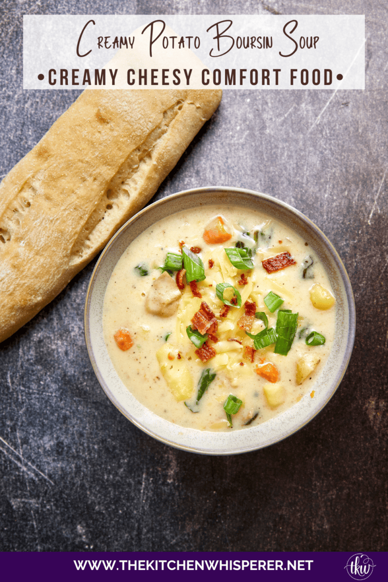 This one-pot creamy Boursin Potato Soup explodes with flavor. Finished with bacon, green onions, & cheese it's truly out of this world! Rich, velvety, and comforting, it’s the perfect dish for any occasion.