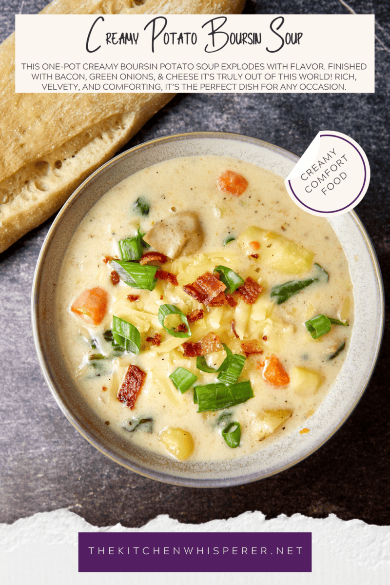 This one-pot creamy Boursin Potato Soup explodes with flavor. Finished with bacon, green onions, & cheese it's truly out of this world! Rich, velvety, and comforting, it’s the perfect dish for any occasion.