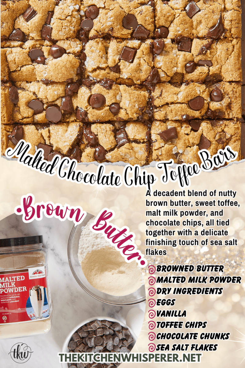 These bars are a decadent blend of nutty brown butter, sweet toffee, malt powder, and chocolate chips, all tied together with a delicate finishing touch of sea salt flakes and additional chocolate chunks.