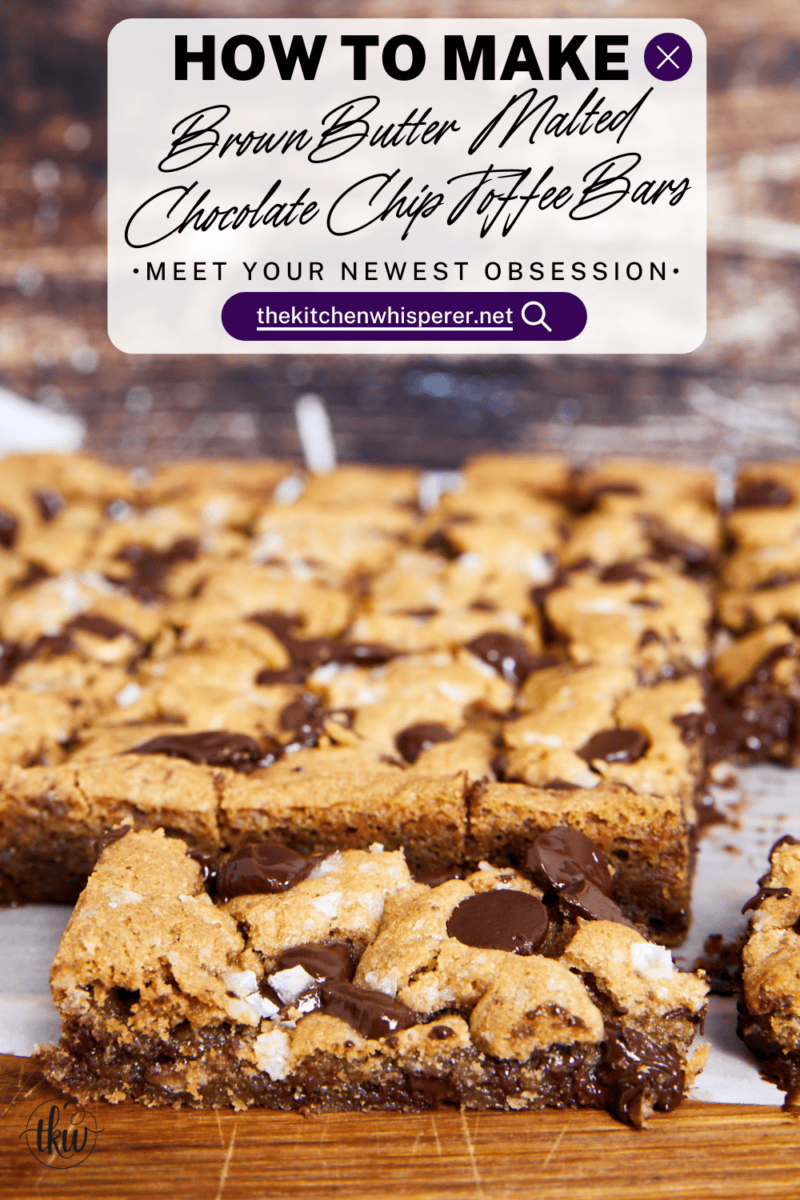 These bars are a decadent blend of nutty brown butter, sweet toffee, malt powder, and chocolate chips, all tied together with a delicate finishing touch of sea salt flakes and additional chocolate chunks.