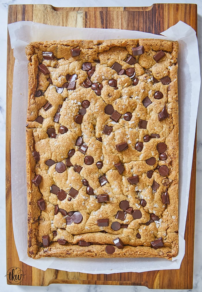 These bars are a decadent blend of nutty brown butter, sweet toffee, malt powder, and chocolate chips, all tied together with a delicate finishing touch of sea salt flakes and additional chocolate chunks.