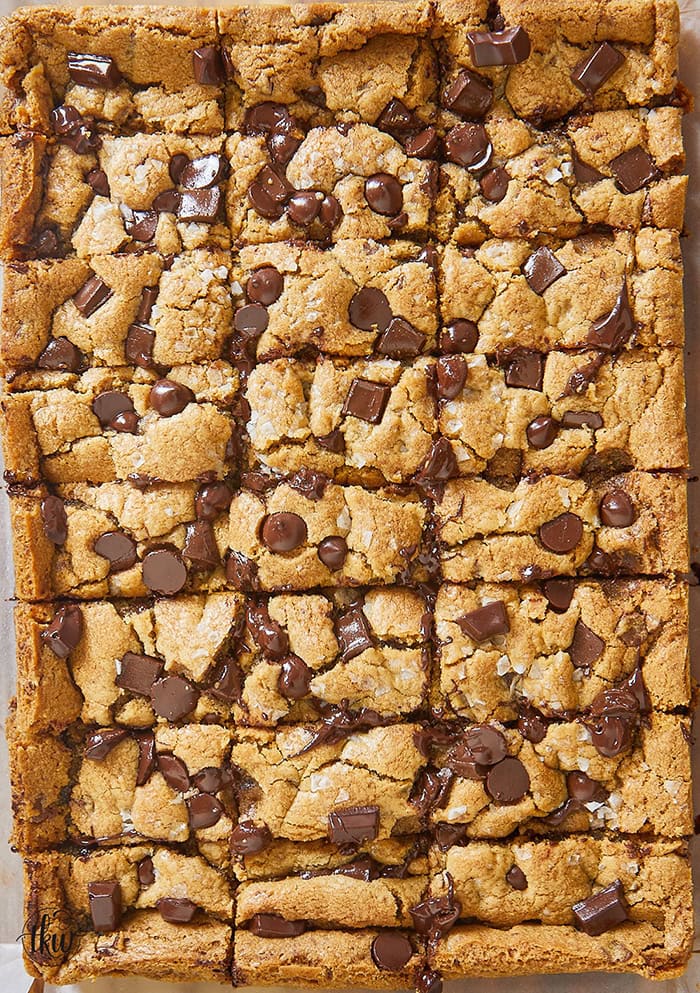 These bars are a decadent blend of nutty brown butter, sweet toffee, malt powder, and chocolate chips, all tied together with a delicate finishing touch of sea salt flakes and additional chocolate chunks.