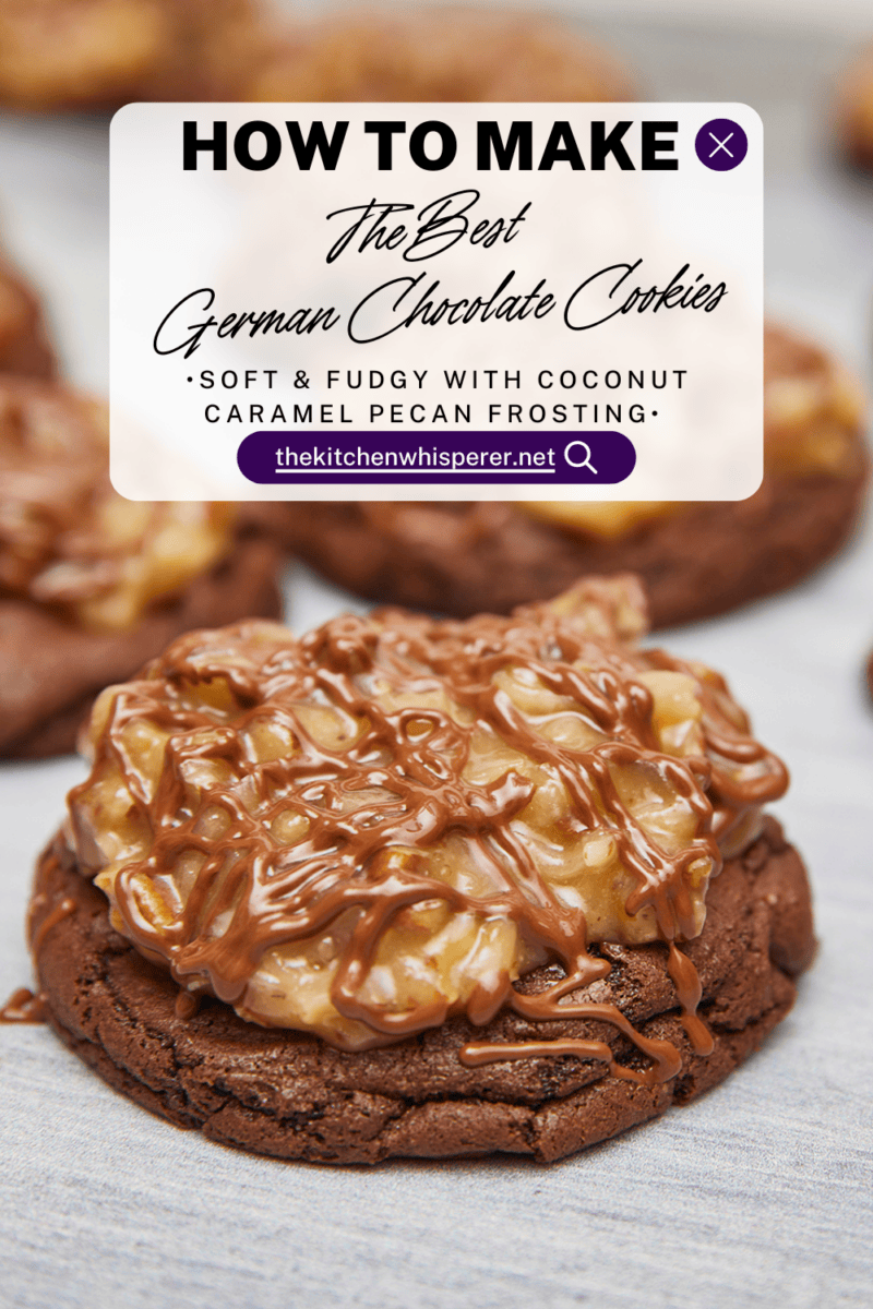 Soft & Fudgy Chocolate fudge cookies covered in a decadent creamy caramel coconut, pecan frosting finished with a chocolate ganache drizzle. The Ultimate German Chocolate Cookies, german chocolate bars, homemade caramel, coconut pecan cookies, soft and chewy chocolate cookies, #germanchocolate #holidaycookies #cookieexchange