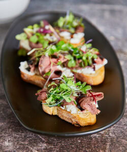 Smoked Picanha (Steak) with Goat Cheese Crostini