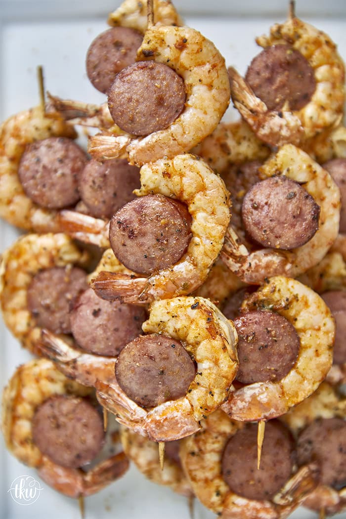 This 4-ingredient Smoked Sausage and shrimp skewer recipe is ready in under 15 minutes and is a crowd favorite! They're an easy, quick, and delicious bite that's perfect as an appetizer for game day or a weeknight meal!