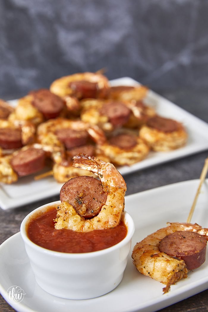 This 4-ingredient Smoked Sausage and shrimp skewer recipe is ready in under 15 minutes and is a crowd favorite! They're an easy, quick, and delicious bite that's perfect as an appetizer for game day or a weeknight meal!