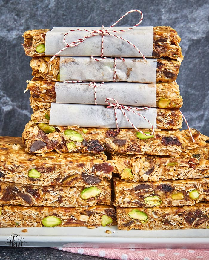 Deliciously naturally sweet, these no-bake peanut butter oat date bars are the perfect sweet treat full of pistachios, dried cranberries, and dark chocolate chips